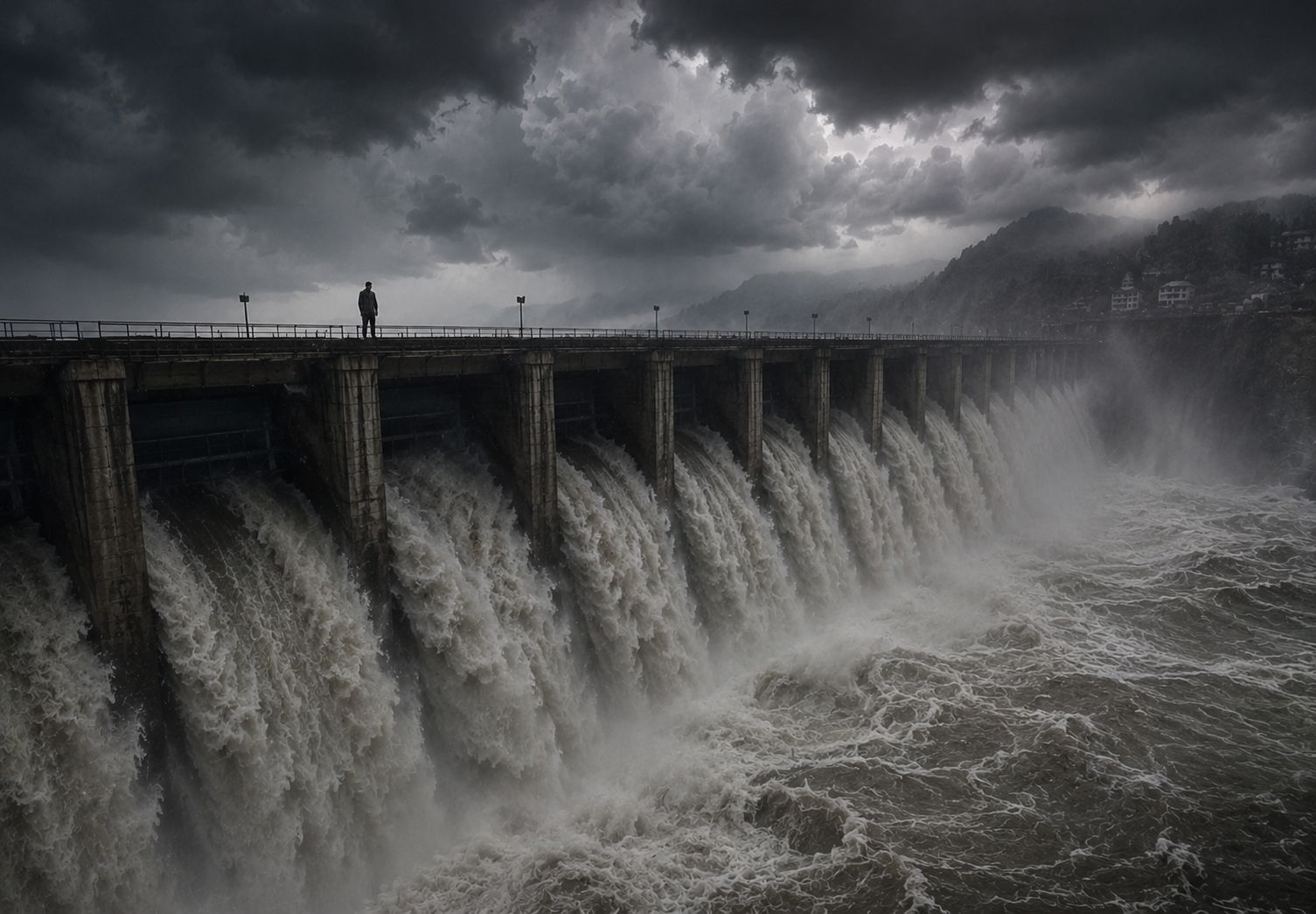 A lone figure stands at the middle of a dam wall during a storm, floodwater pouring through every sluice below and dark monsoon cloud overhead.