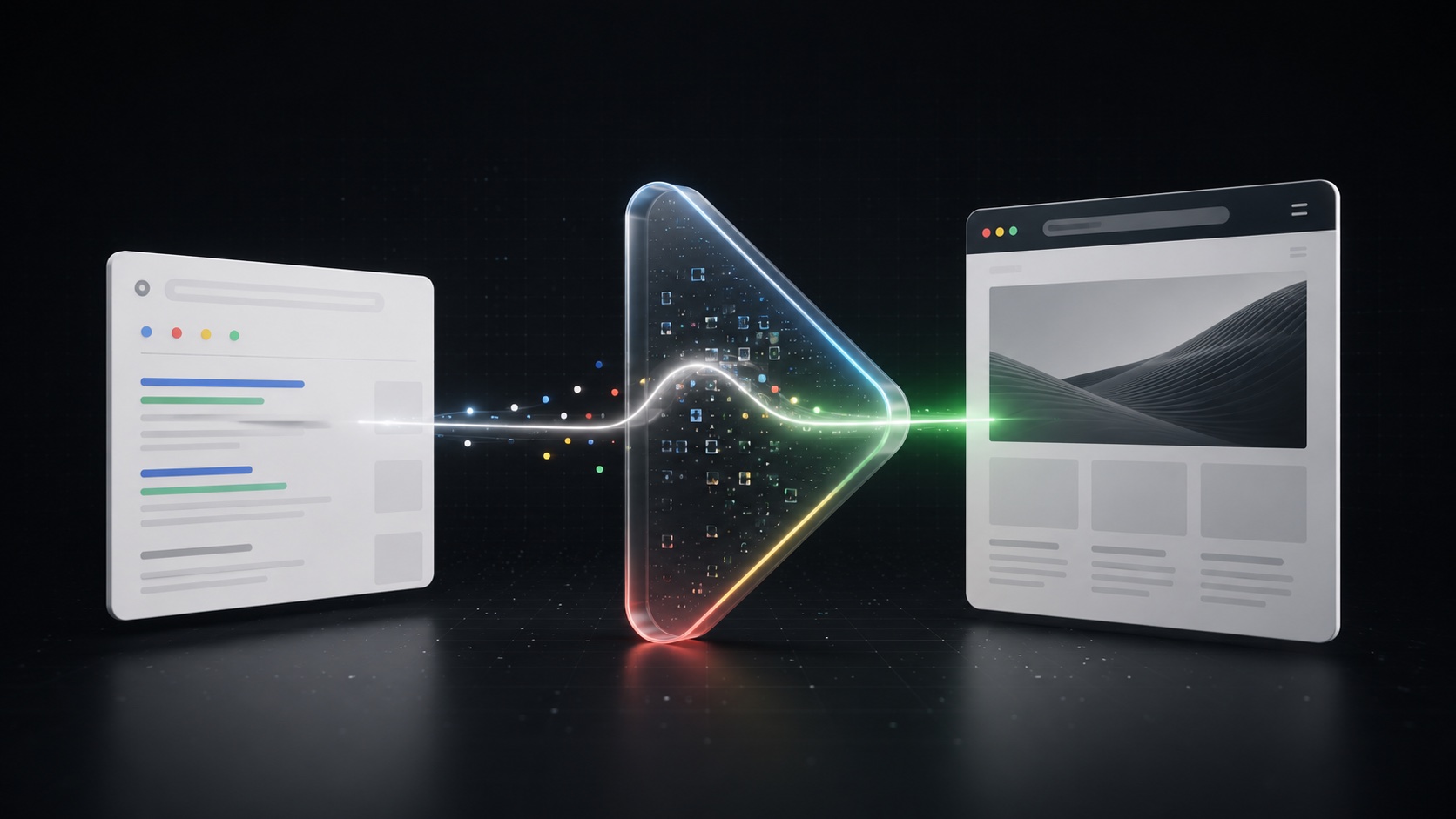 A Google search results page on the left and a website on the right. A beam of light travels between them and passes through a large translucent glass arrow standing in the middle, which splits it into Google's red, yellow, green and blue.