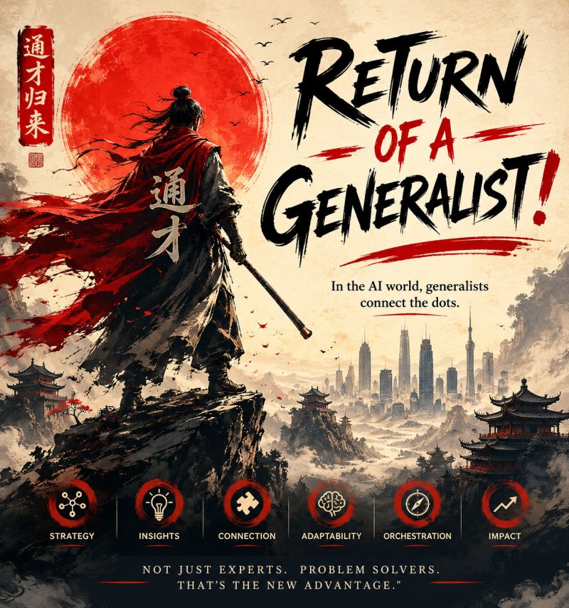 An ink-brush poster titled 'Return of a generalist!', with the line 'In the AI world, generalists connect the dots.' A lone swordsman stands on a cliff above a valley of temples and skyscrapers, over six icons labelled strategy, insights, connection, adaptability, orchestration and impact, and the words 'Not just experts. Problem solvers. That's the new advantage.'